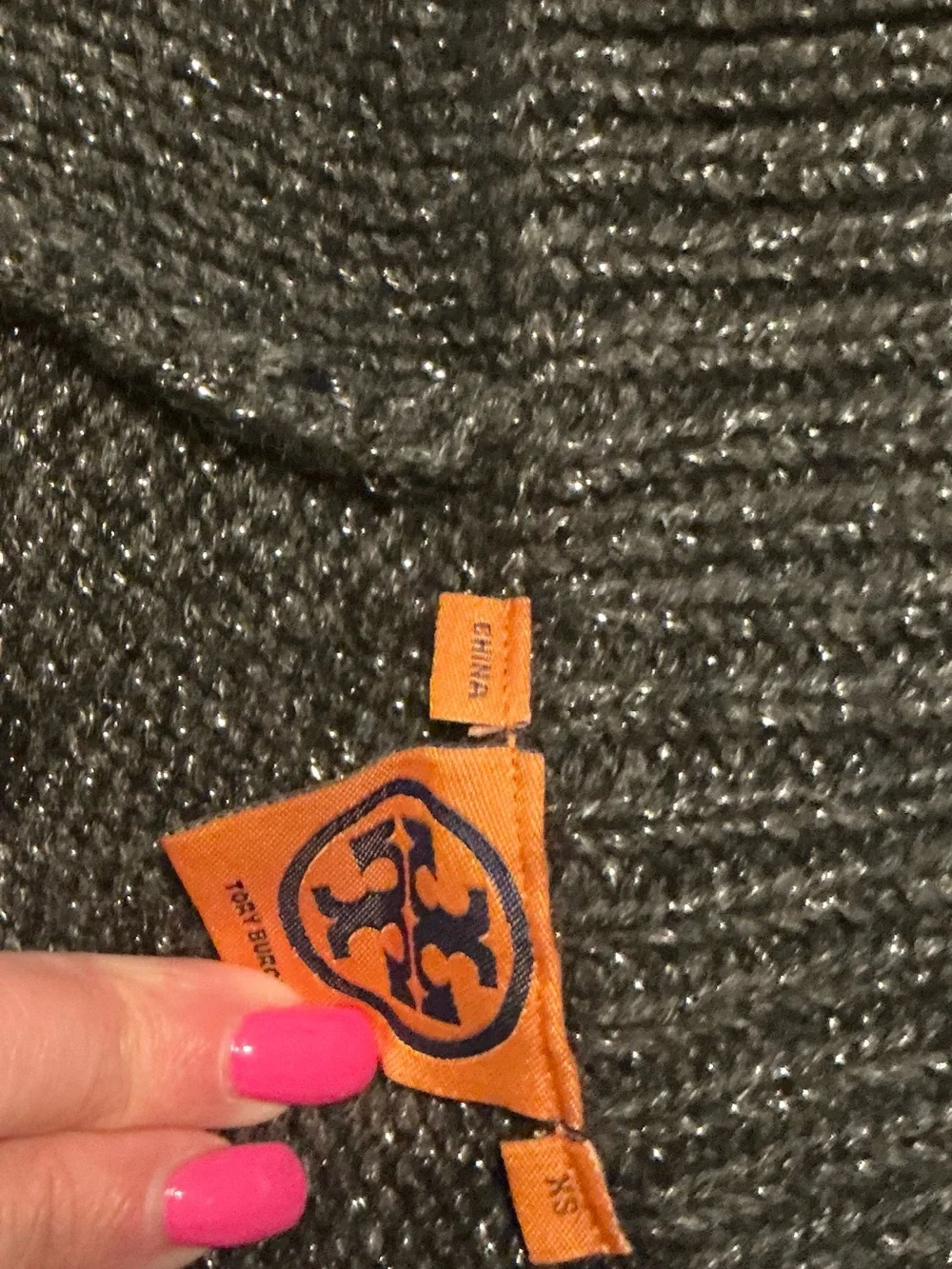 Tory Burch Metallic Charcoal Knit Sweater with Black Leather Trim
